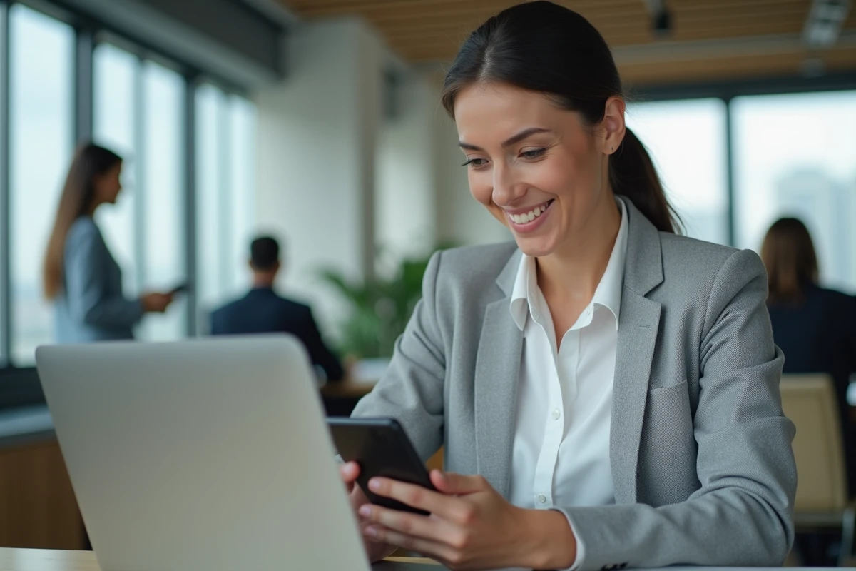 Femme en blazer gris utilisant une application RH sur smartphone dans un bureau moderne