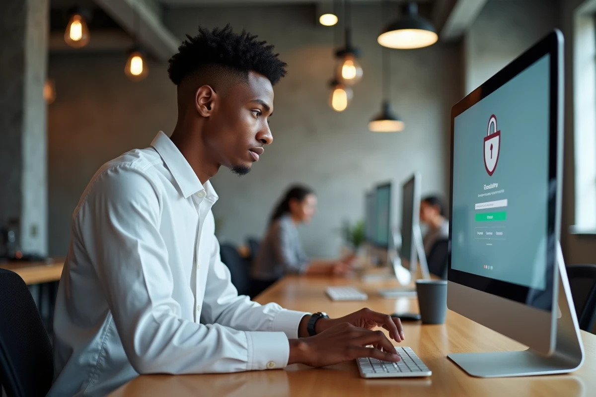Jeune professionnel dans un espace de coworking en train de récupérer l'accès à un extranet sécurisé via un ordinateur de bureau