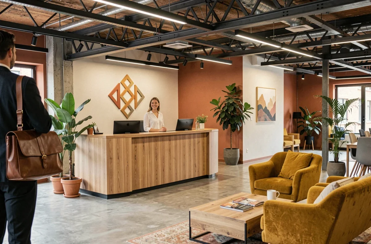 Accueil chaleureux à l'entrée d'un espace de coworking professionnel à Pau