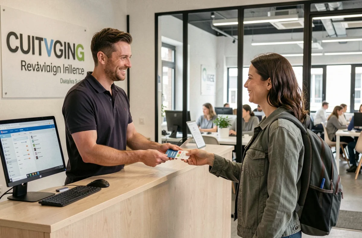 Accueil d'un nouvel utilisateur à la réception d'un espace de coworking à Tarbes avec remise de badge