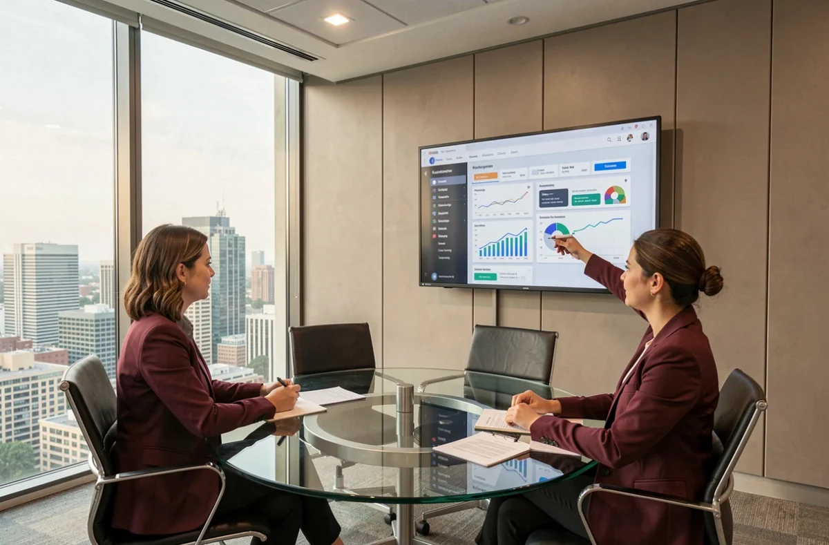 Stratège numérique de l'agence Advisa présentant un tableau de bord marketing digital lors d'une réunion client