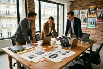 Équipe d'une agence de communication en Île-de-France travaillant autour d'une table de réunion avec maquettes et ordinateurs portables dans un open space moderne à Paris
