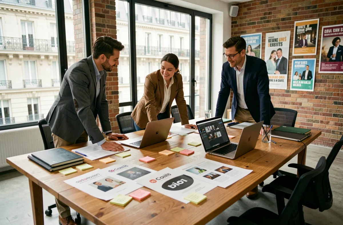 Équipe d'une agence de communication en Île-de-France travaillant autour d'une table de réunion avec maquettes et ordinateurs portables dans un open space moderne à Paris