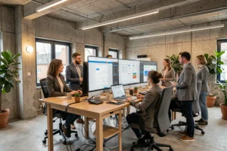 Équipe d'une agence de création de sites internet en Meurthe-et-Moselle travaillant sur des projets web dans un bureau moderne