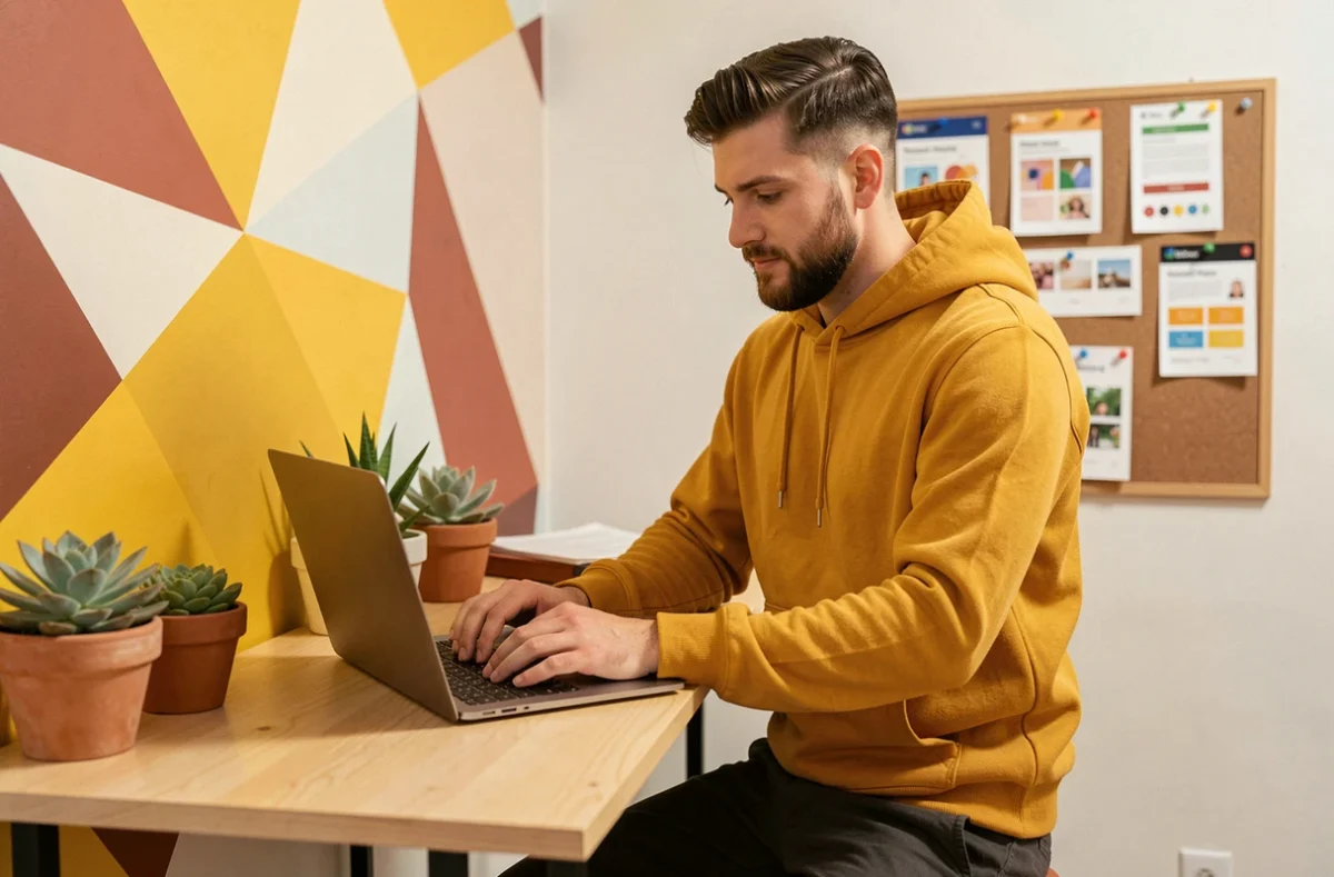 Développeur web de l'agence Eazy Peazy travaillant sur un projet de site internet dans un espace créatif et coloré