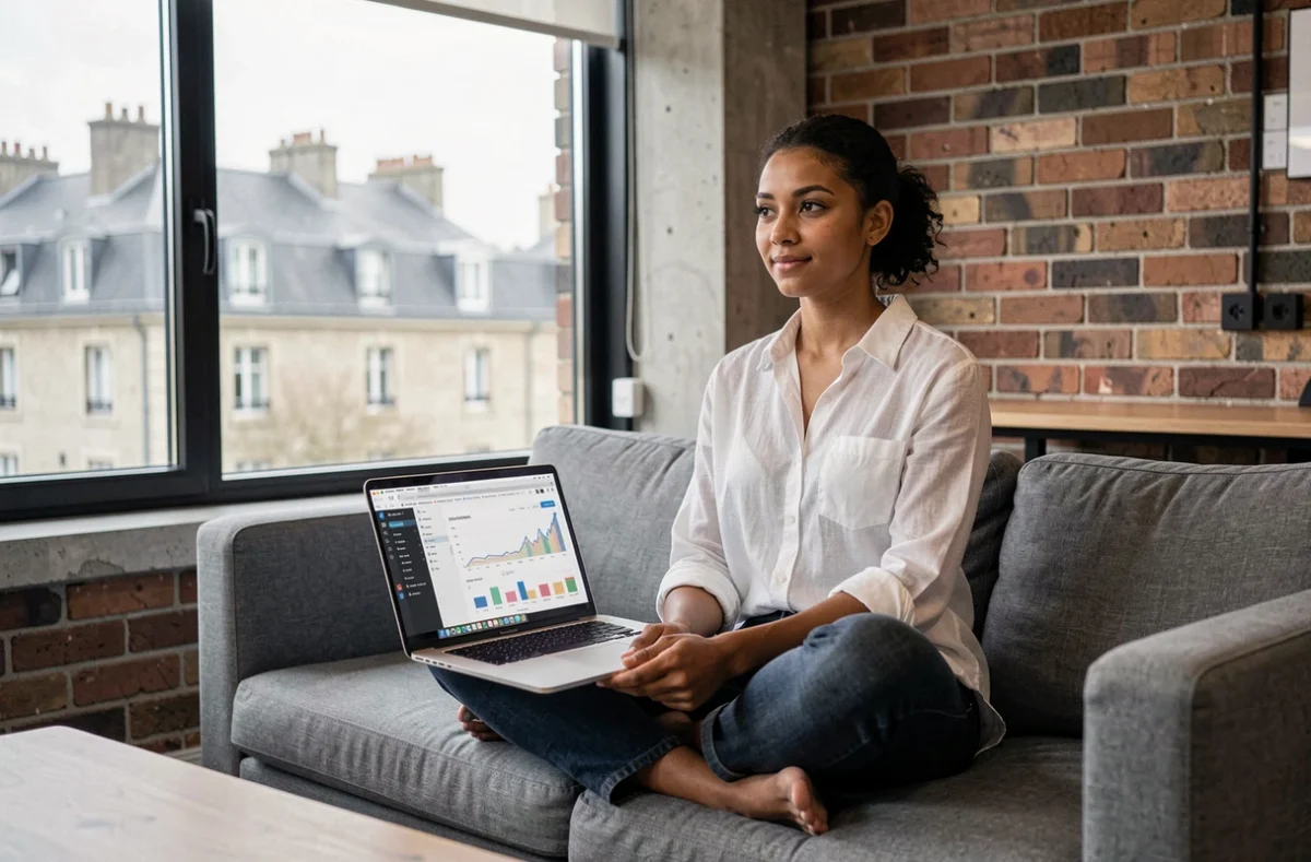 Consultante de l'agence Expone analysant les performances d'un site web dans un espace de travail moderne à Rennes