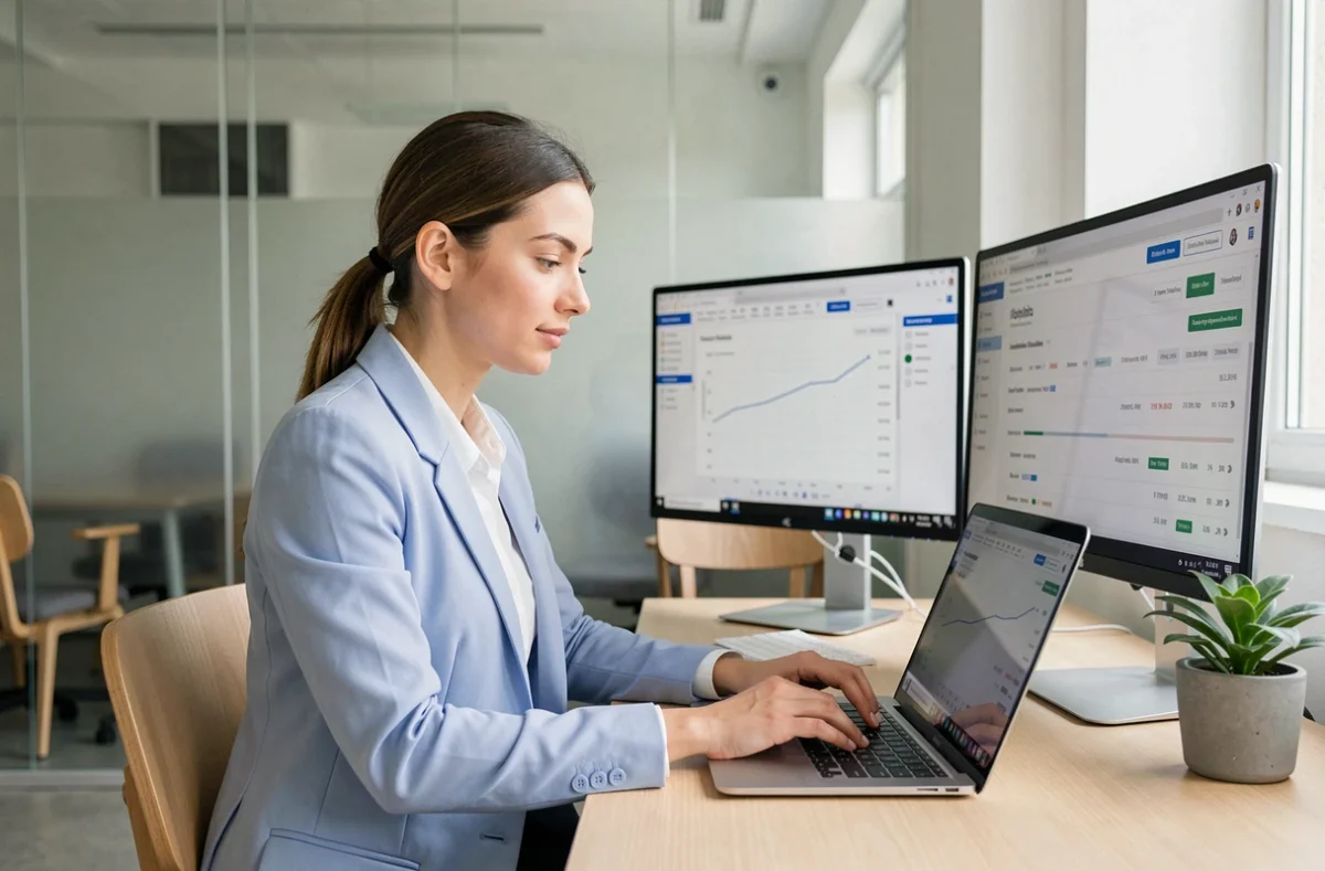 Spécialiste en marketing digital de l'agence Koeki analysant des performances web dans un bureau contemporain au style scandinave