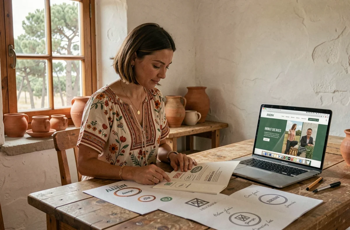 Designer graphique de l'Agence Landaise examinant une charte graphique et des éléments d'identité visuelle dans un atelier chaleureux