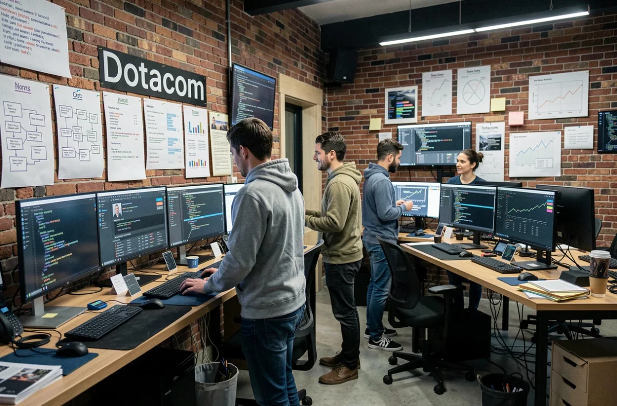 Équipe créative de l'agence Dotacom dans un studio avec des wireframes au mur et des moniteurs affichant des analyses de trafic organique