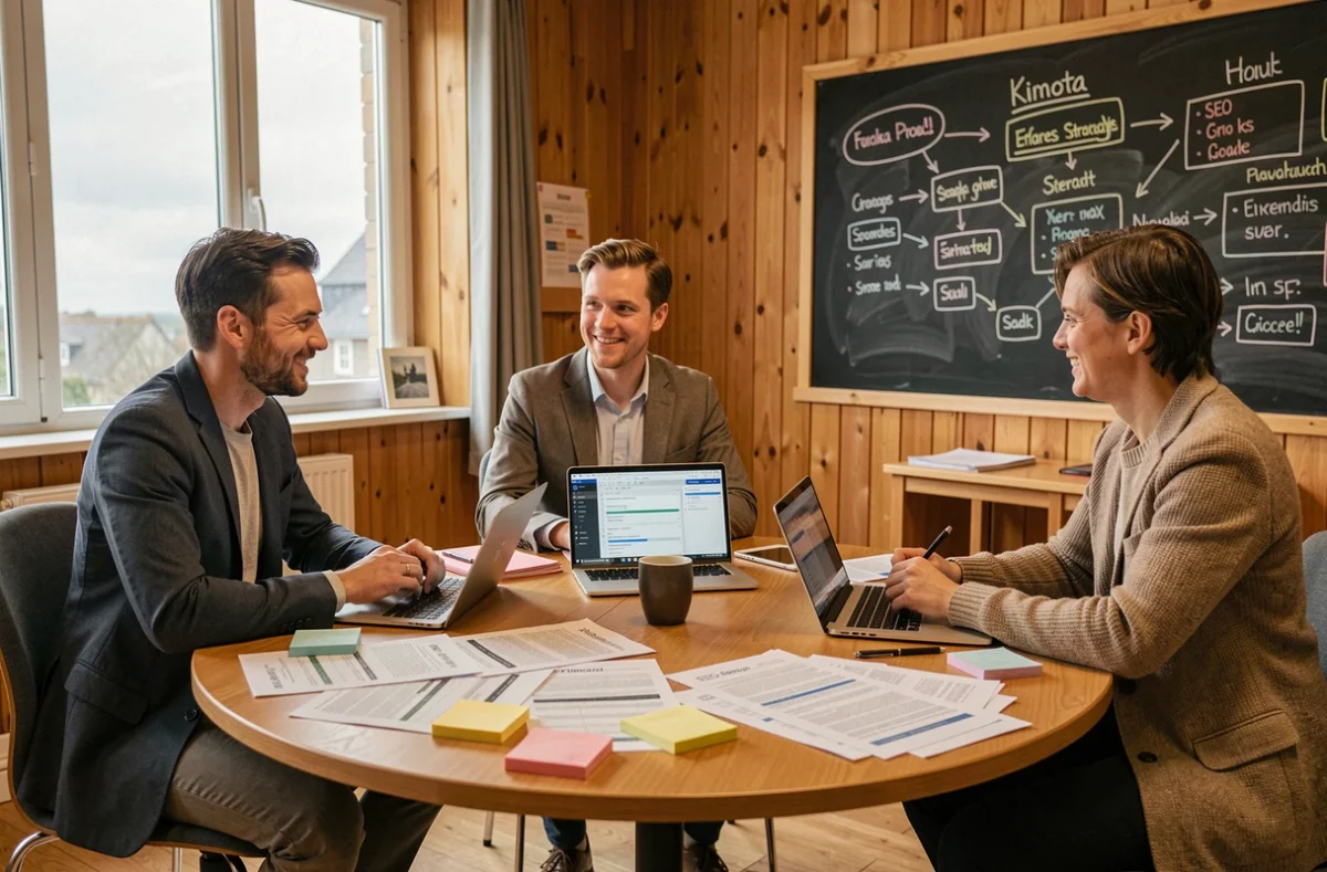 Équipe créative de l'agence Kimota réunie autour d'une table avec des documents d'audit SEO et des laptops dans un bureau breton chaleureux