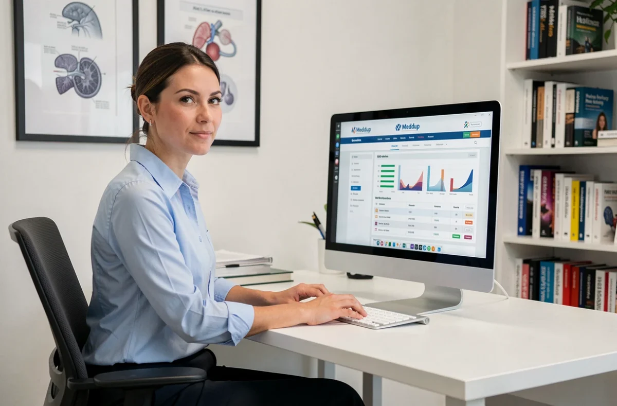 Consultante en marketing digital médical de l'agence Meddup devant un rapport SEO de site de santé dans un bureau professionnel et lumineux