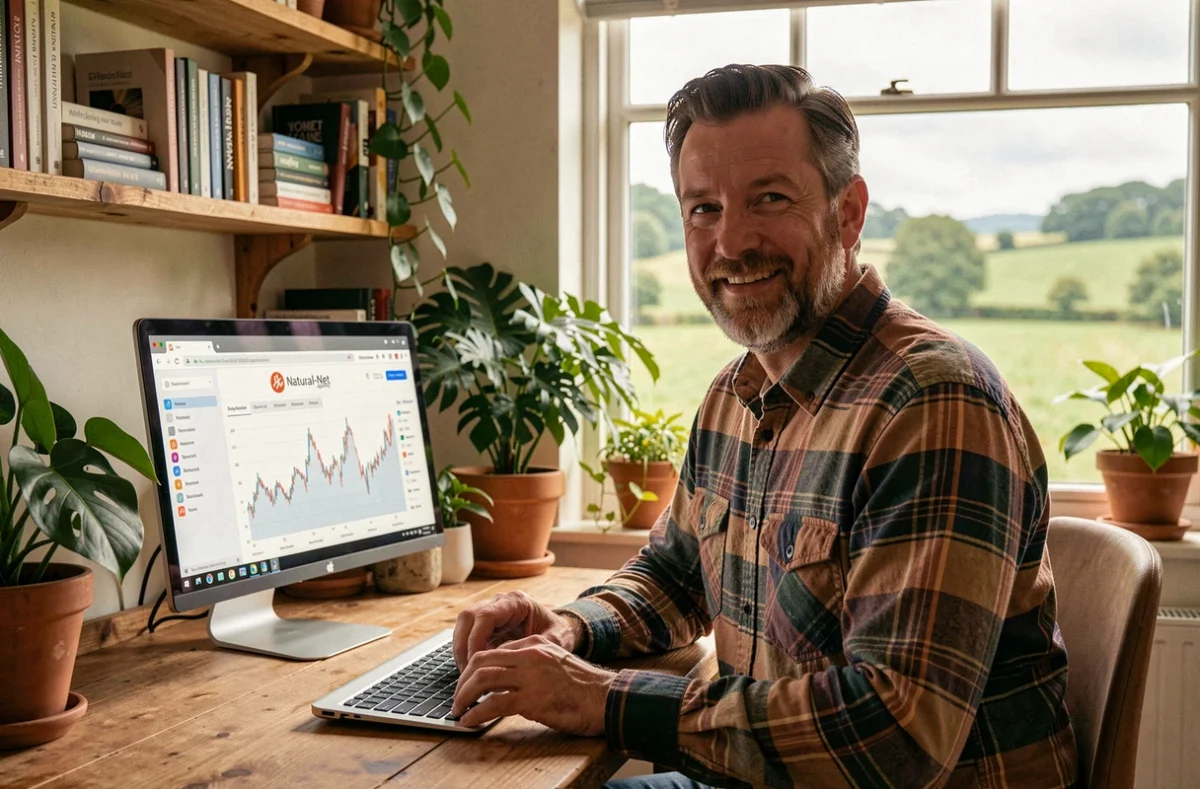 Consultant SEO de Natural-Net dans un bureau inspiré de la nature avec des plantes, des livres marketing et un graphique de trafic organique à l'écran