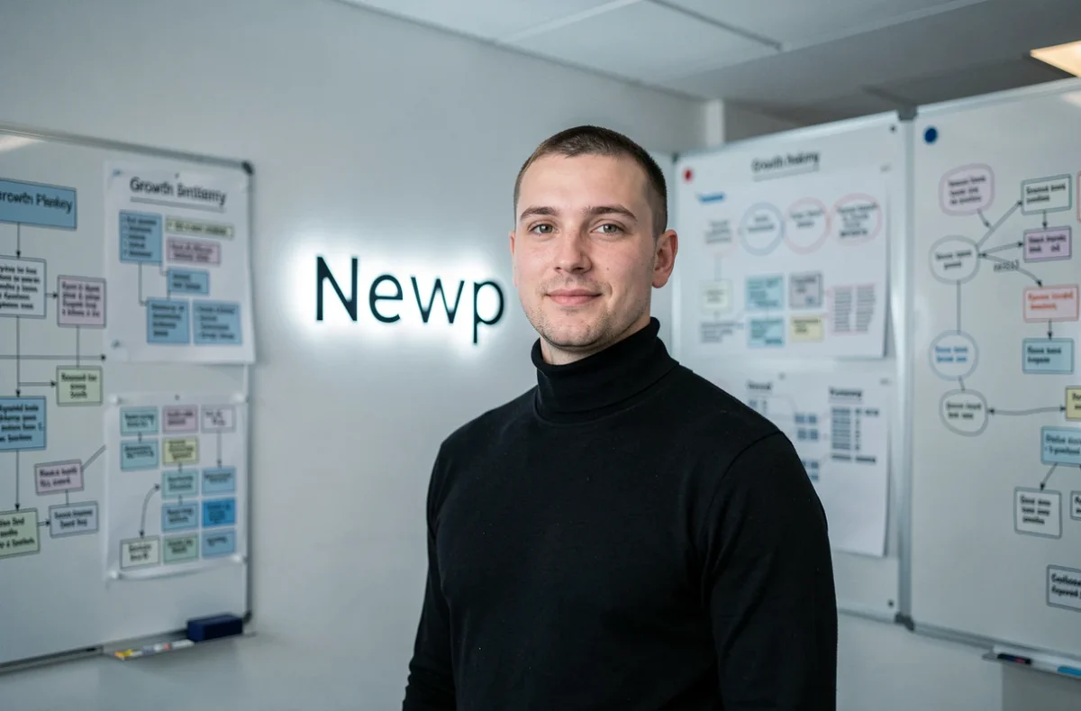 Spécialiste SEO de l'agence Newp debout dans un bureau épuré avec des tableaux blancs couverts de frameworks de croissance et le logo de l'agence au mur