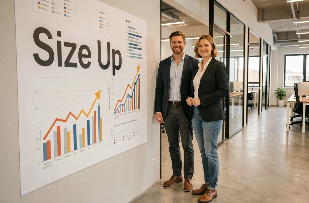 Deux professionnels de l'agence Size Up posant devant un mur brandé avec des graphiques de croissance dans un bureau moderne à Brest