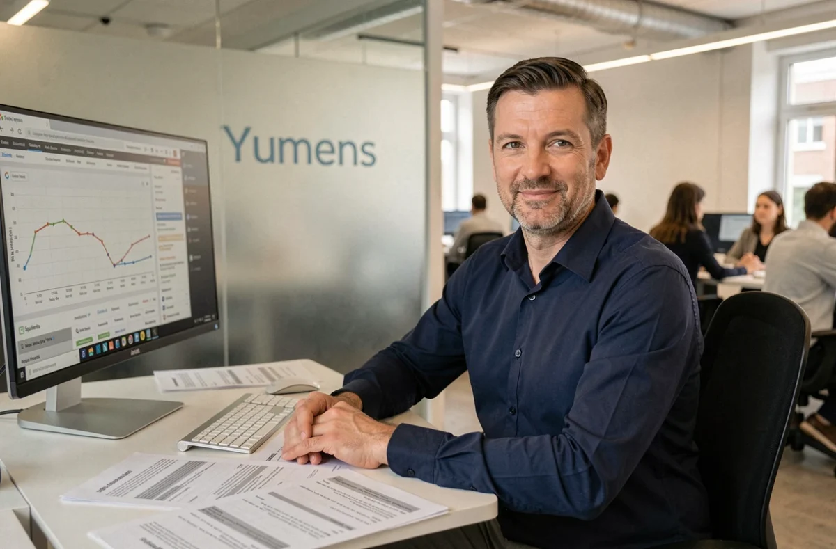 Stratège SEO de l'agence Yumens à Rennes travaillant sur des rapports de positionnement dans un bureau moderne et épuré
