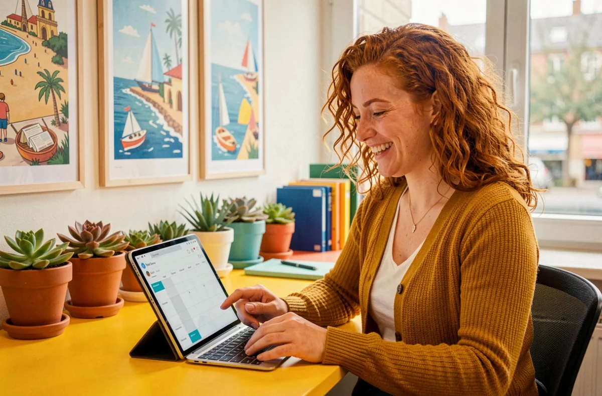 Spécialiste SEO souriante de l'Agence Tout Sourire consultant un calendrier éditorial sur tablette dans un bureau coloré et chaleureux