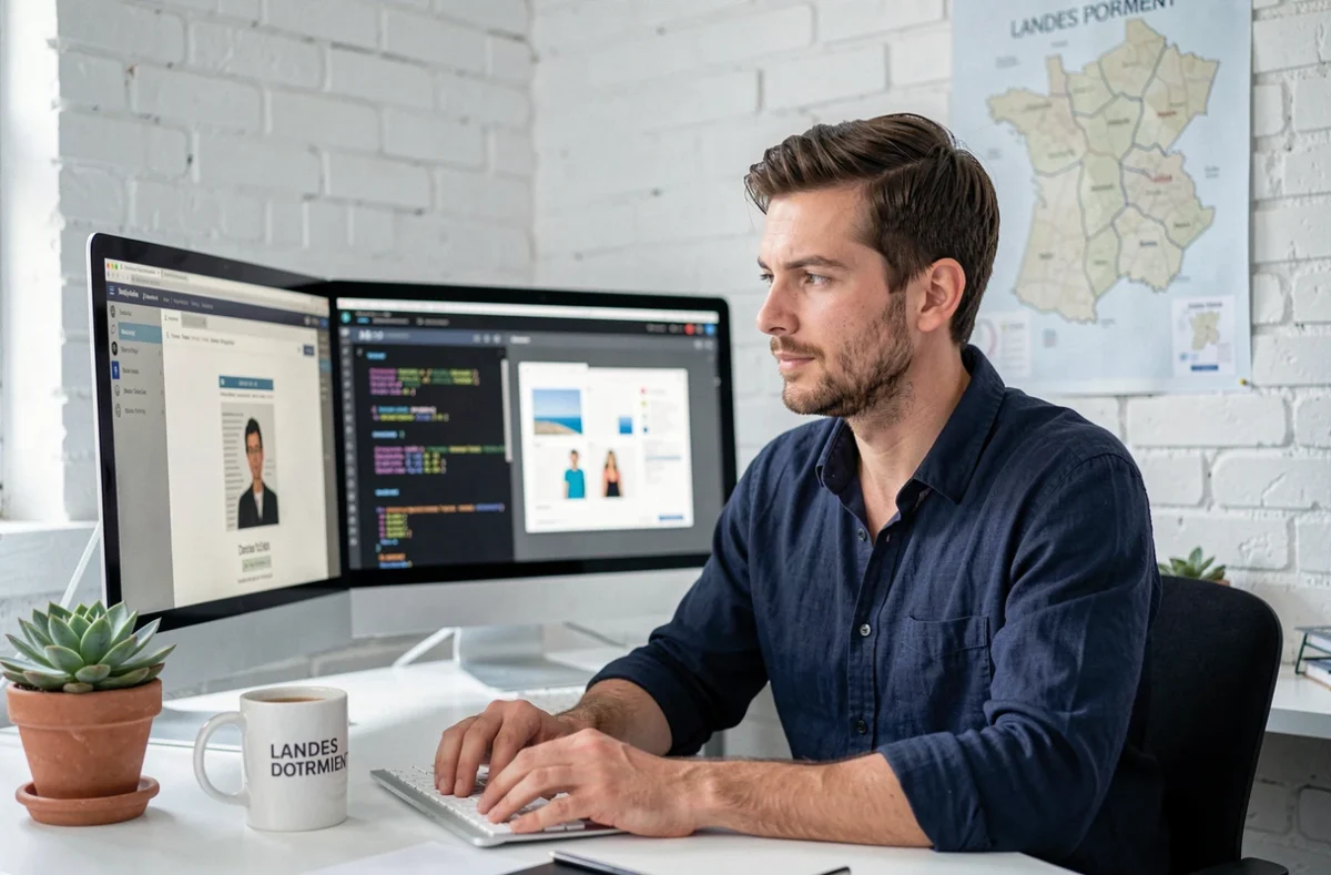 Développeur web masculin travaillant sur la création d'un site internet dans les bureaux de l'agence Agence Web 40 dans les Landes