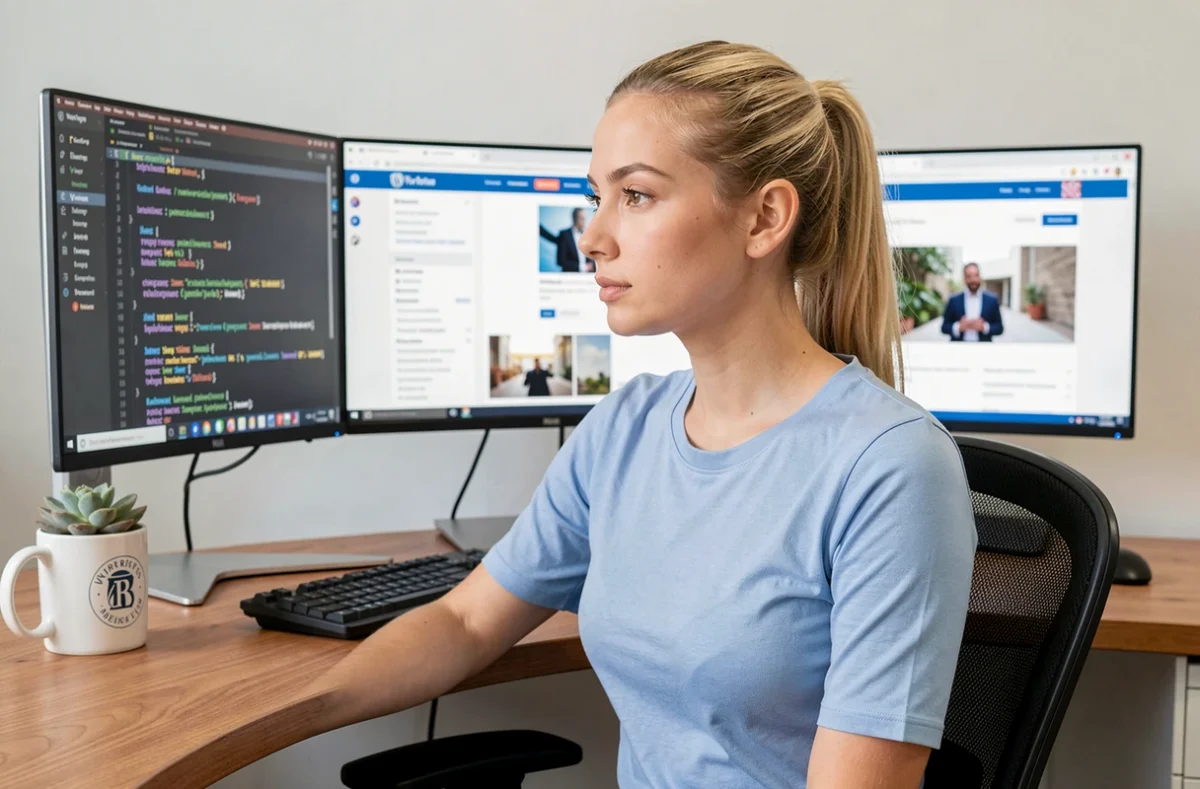Développeuse web de WebGazelle travaillant sur l'intégration d'un site WordPress dans un bureau moderne et épuré