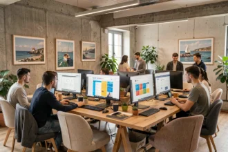 Vue grand angle d'une agence web moderne en Ille-et-Vilaine avec des professionnels travaillant sur des maquettes de sites internet