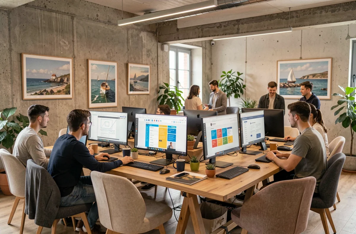 Vue grand angle d'une agence web moderne en Ille-et-Vilaine avec des professionnels travaillant sur des maquettes de sites internet