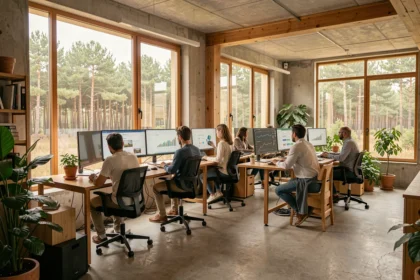Équipe d'une agence web dans les Landes travaillant dans un bureau moderne ouvert avec des écrans affichant des créations numériques