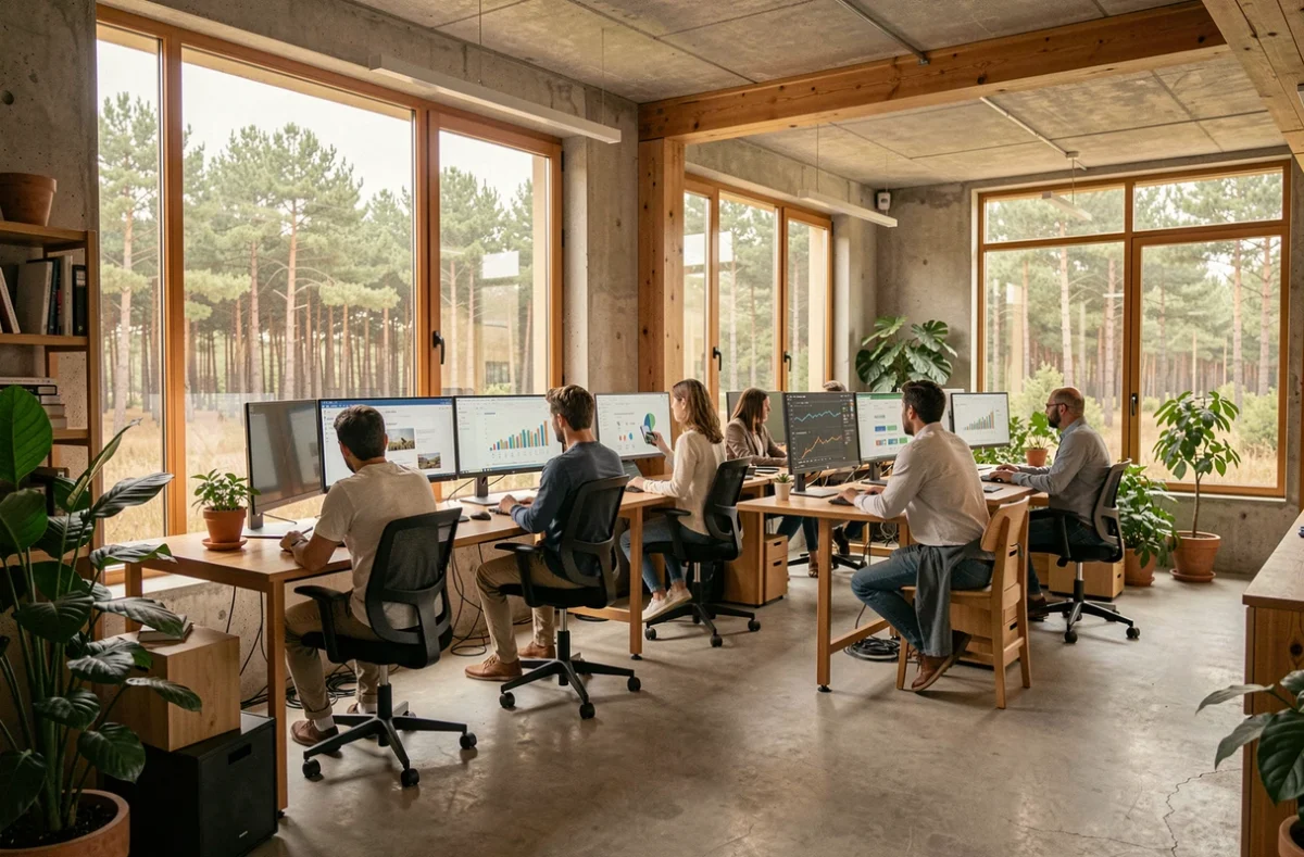 Équipe d'une agence web dans les Landes travaillant dans un bureau moderne ouvert avec des écrans affichant des créations numériques