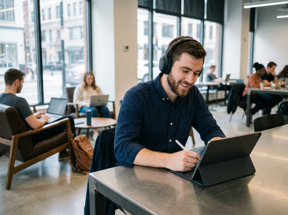 Jeune agent service client écoute attentivement avec un casque