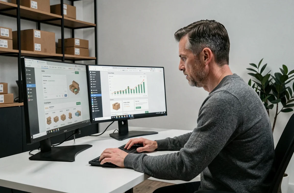 Spécialiste e-commerce de l'agence Agoraline analysant des données de vente en ligne et des fiches produits sur plusieurs écrans