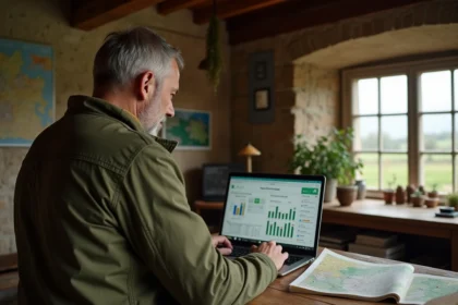 Agriculteur paramétrant un logiciel de gestion polyculture-élevage Terrena terciel sur un ordinateur portable dans un bureau de ferme rustique