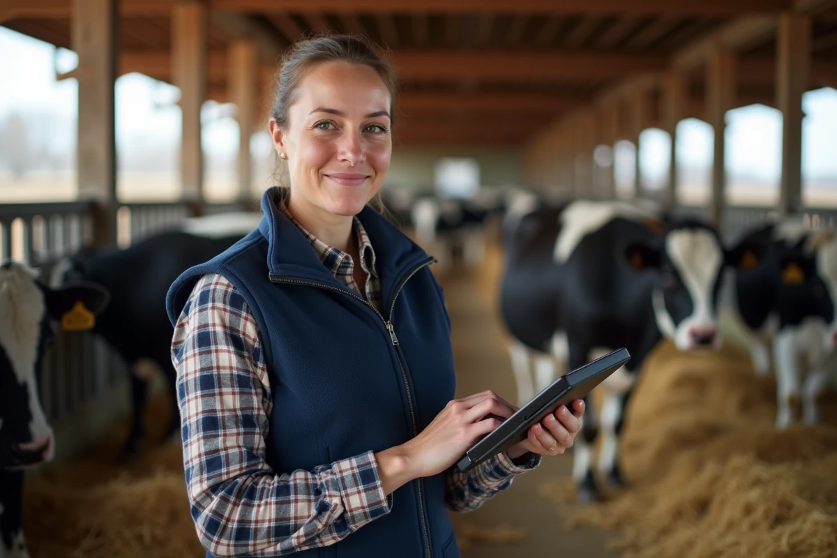 Agronome consultant les données d'élevage sur une tablette dans une exploitation agricole avec bovins en arrière-plan