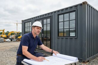 Architecte professionnel inspectant un container aménagé en bureau de chantier avec fenêtres industrielles et finitions modernes