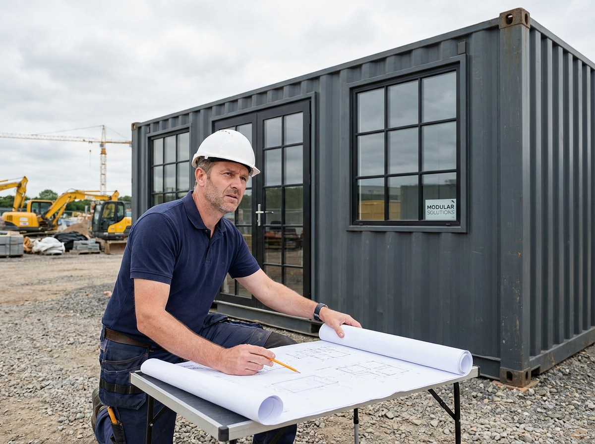 Architecte professionnel inspectant un container aménagé en bureau de chantier avec fenêtres industrielles et finitions modernes