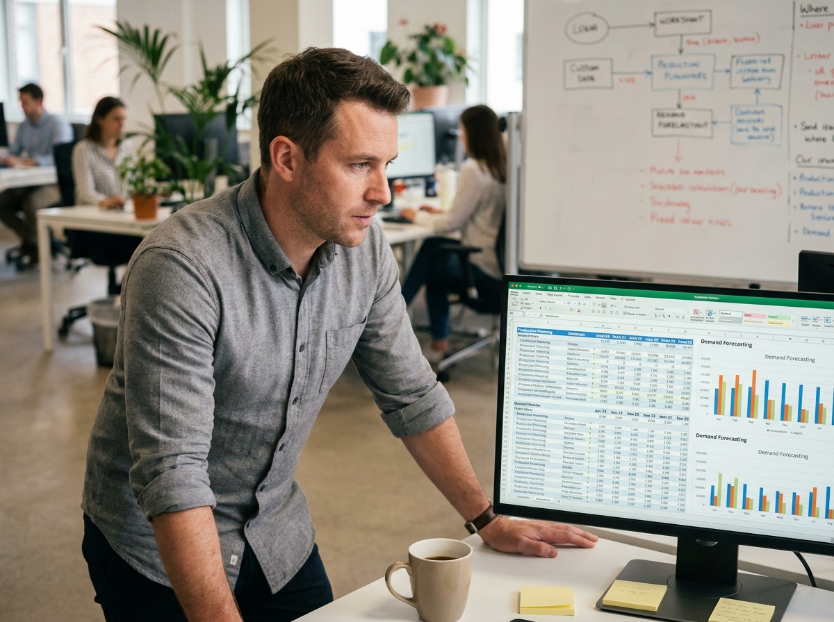 Analyste en gestion de production travaillant sur des tableaux de bord de prévision de la demande