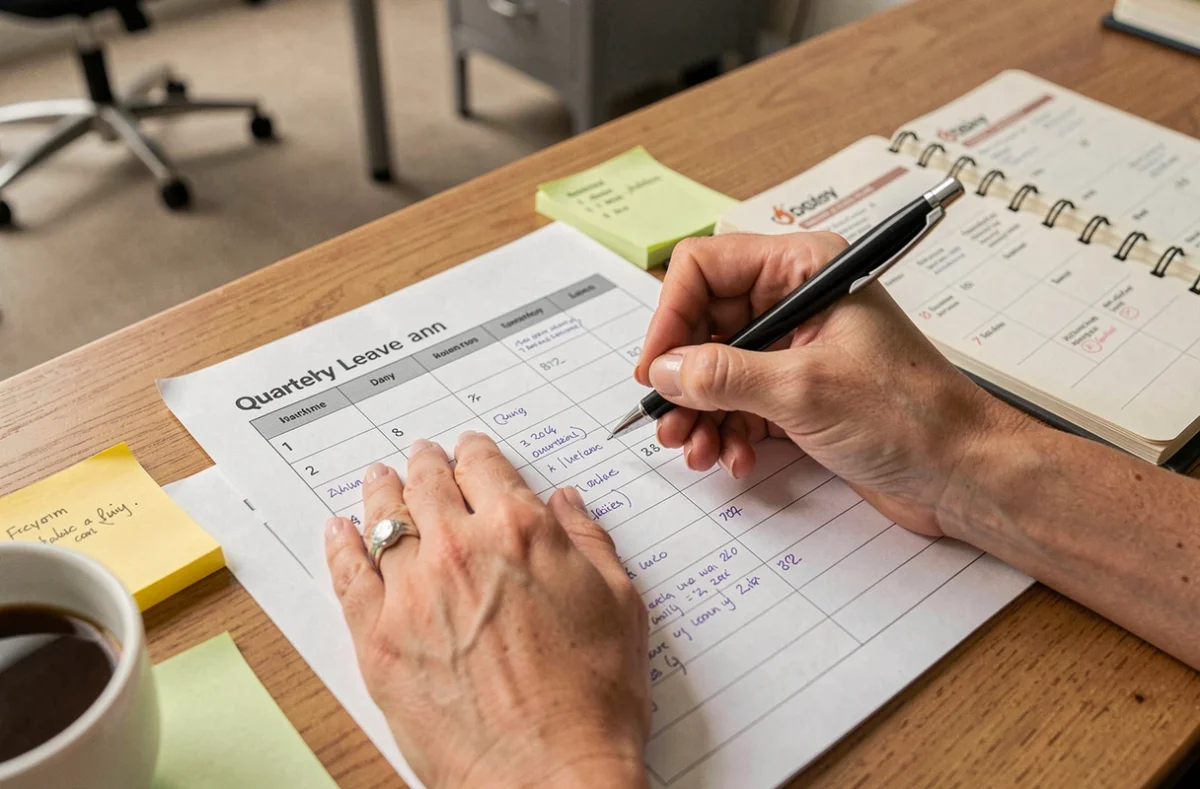 Mains annotant un tableau de congés trimestriel imprimé avec des post-its et un agenda ouvert sur un bureau