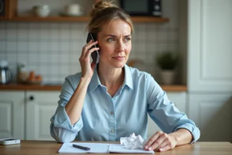 Femme en train d'appeler le service client France Télécom pour un litige de facture, assise dans sa cuisine avec une facture papier sur la table