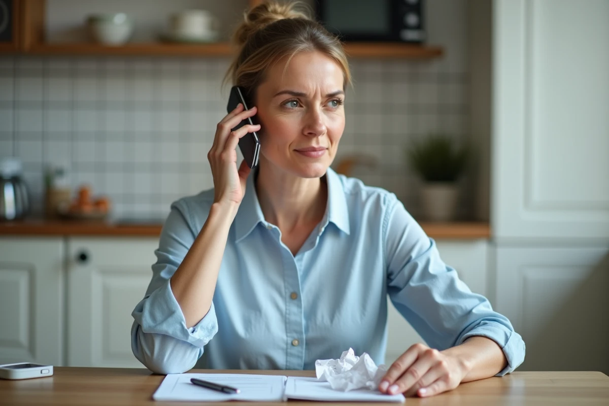 Femme en train d'appeler le service client France Télécom pour un litige de facture, assise dans sa cuisine avec une facture papier sur la table