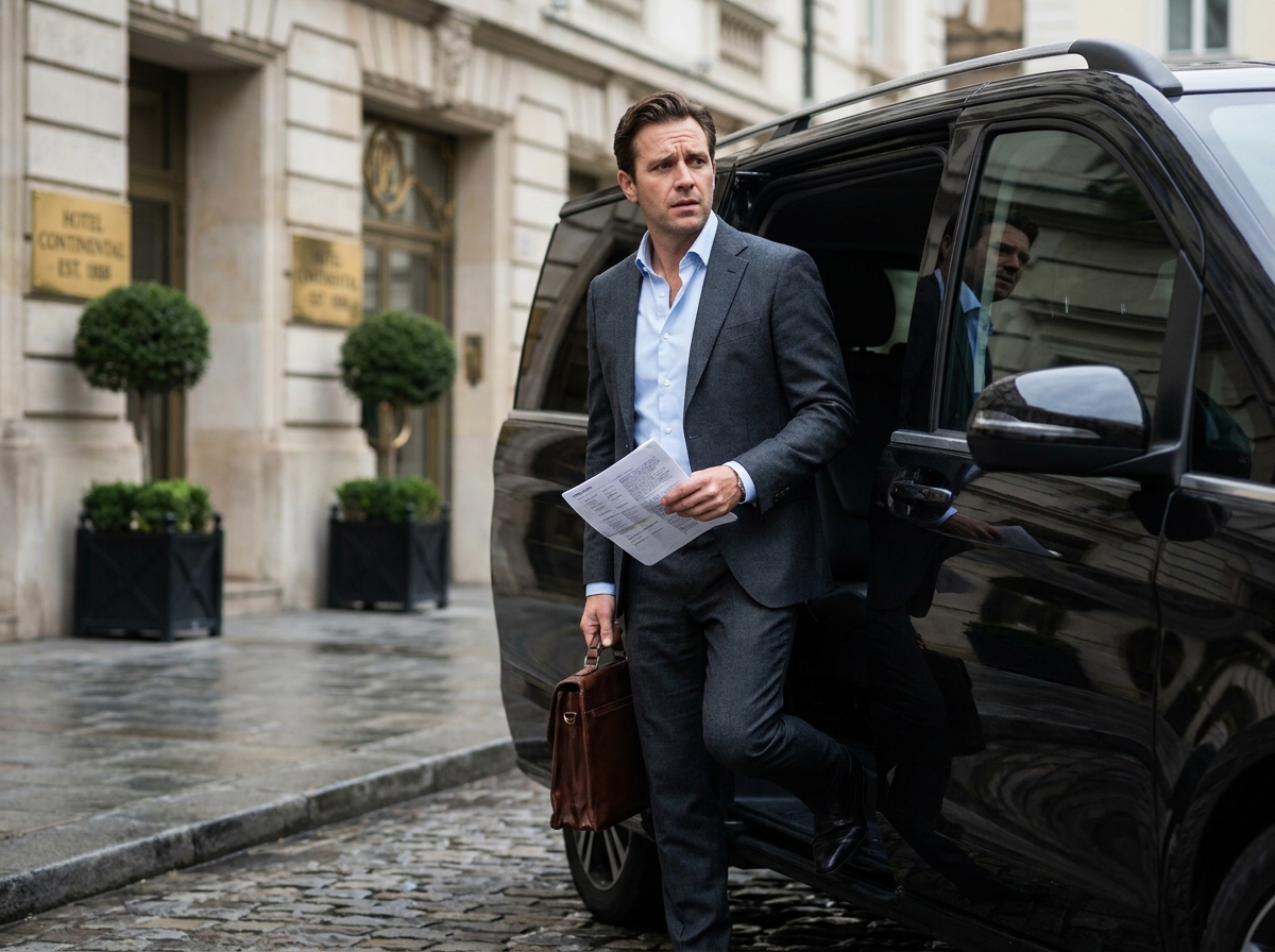 Homme d'affaires arrivant devant un hôtel européen en véhicule de transport professionnel, tenant un itinéraire imprimé, représentant les dépenses de transport lors d'un séminaire à l'étranger