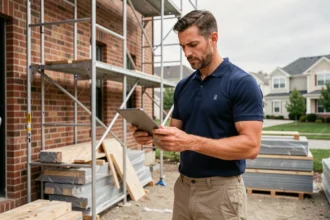 Artisan du bâtiment consultant un chantier sur tablette devant une façade en brique en rénovation
