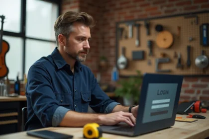 Artisan masculin connecté à la plateforme artisan-en-1-clic.fr depuis son bureau à domicile avec un ordinateur portable