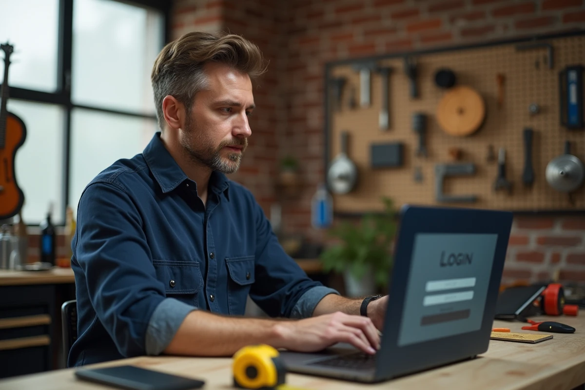 Artisan masculin connecté à la plateforme artisan-en-1-clic.fr depuis son bureau à domicile avec un ordinateur portable