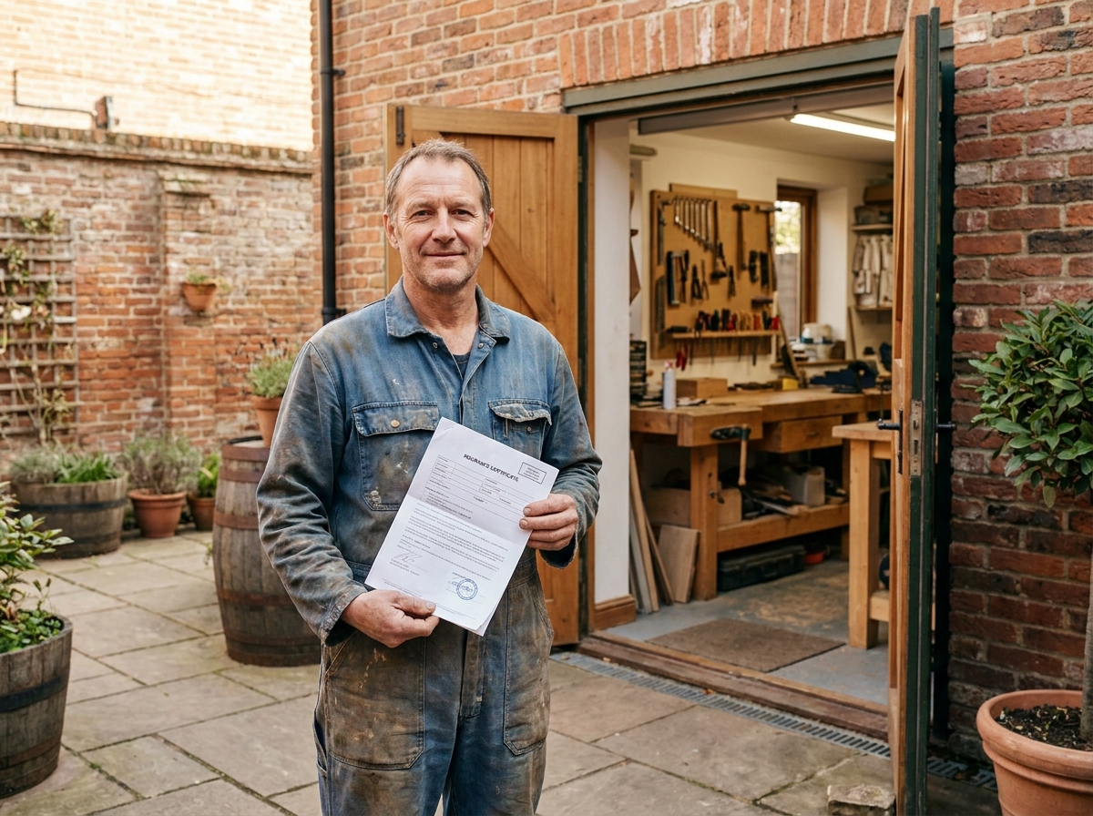 Artisan indépendant tenant son attestation d'assurance professionnelle devant son atelier