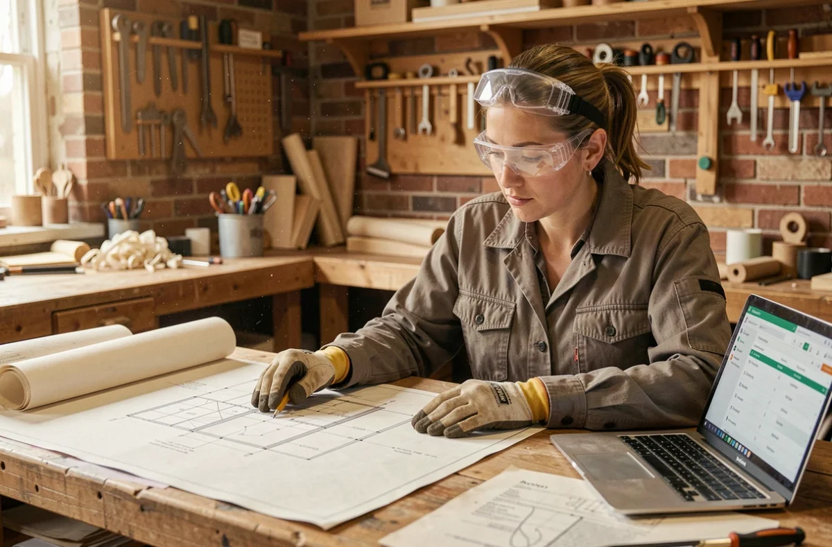Artisane du bâtiment étudiant un plan de chantier sur un établi dans un atelier de construction