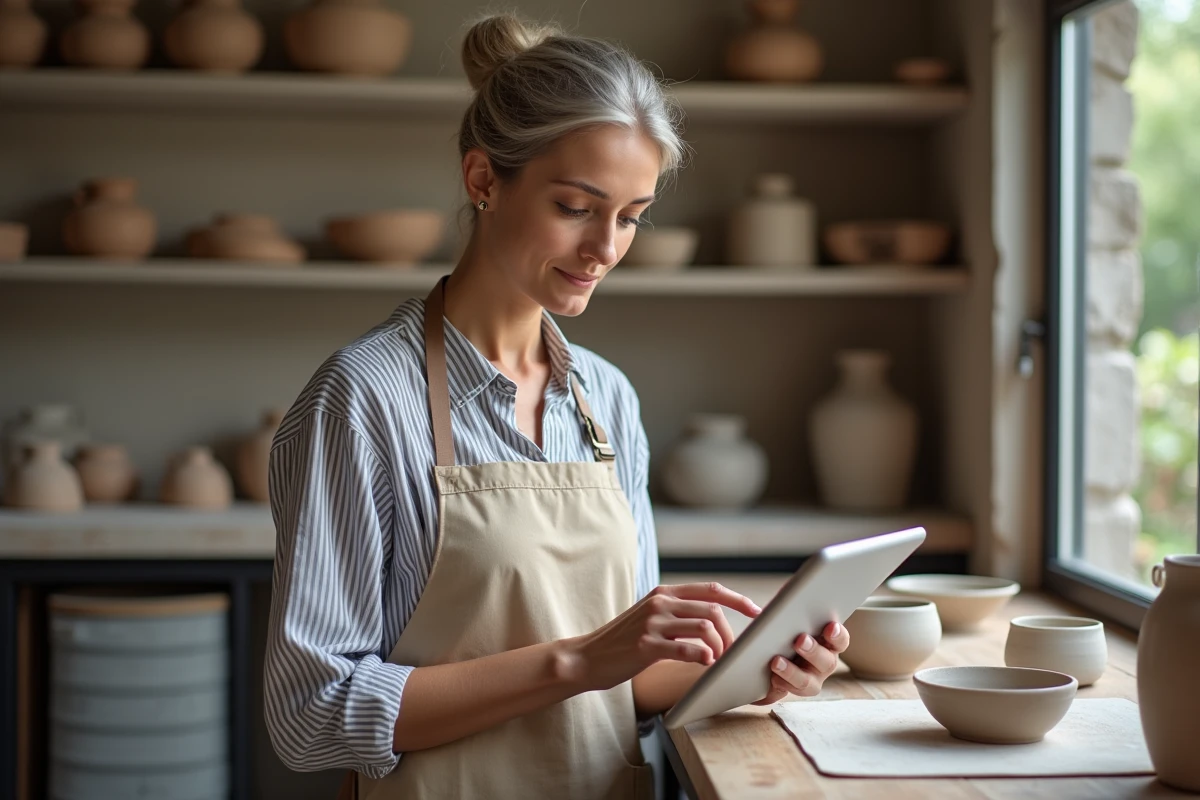 Artisane en céramique utilisant une tablette pour s'inscrire sur la plateforme artisan-en-1-clic.fr dans son atelier