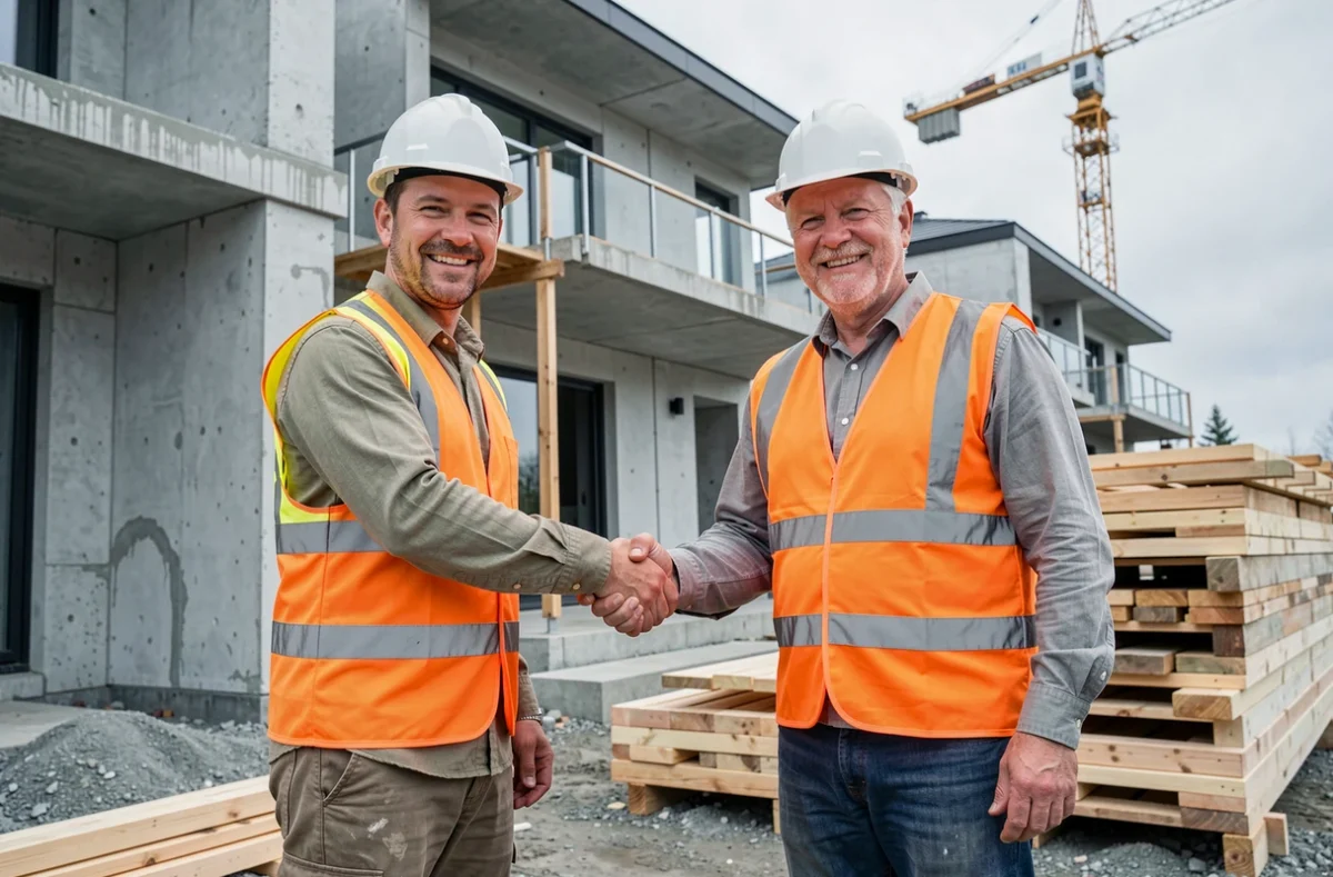 Deux artisans du bâtiment se serrant la main devant un chantier de construction résidentielle moderne