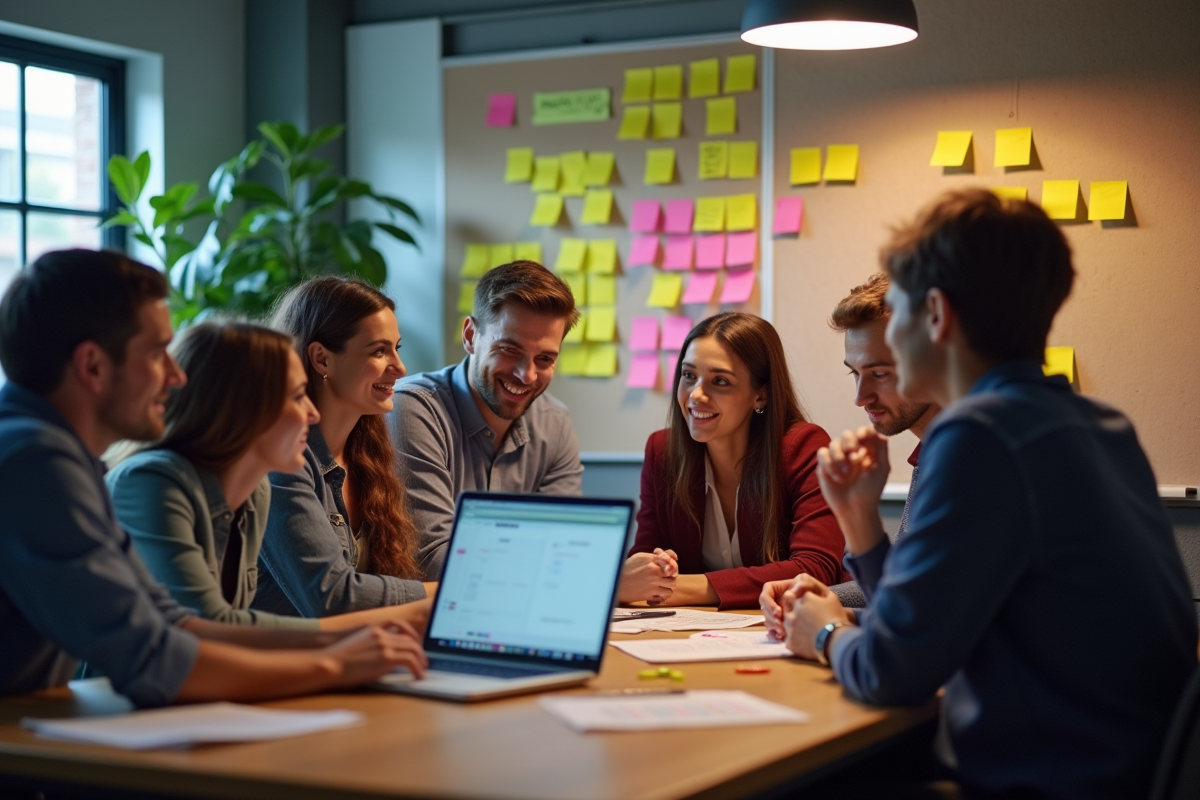 Groupe diversifié en réunion collaborative dans un espace moderne