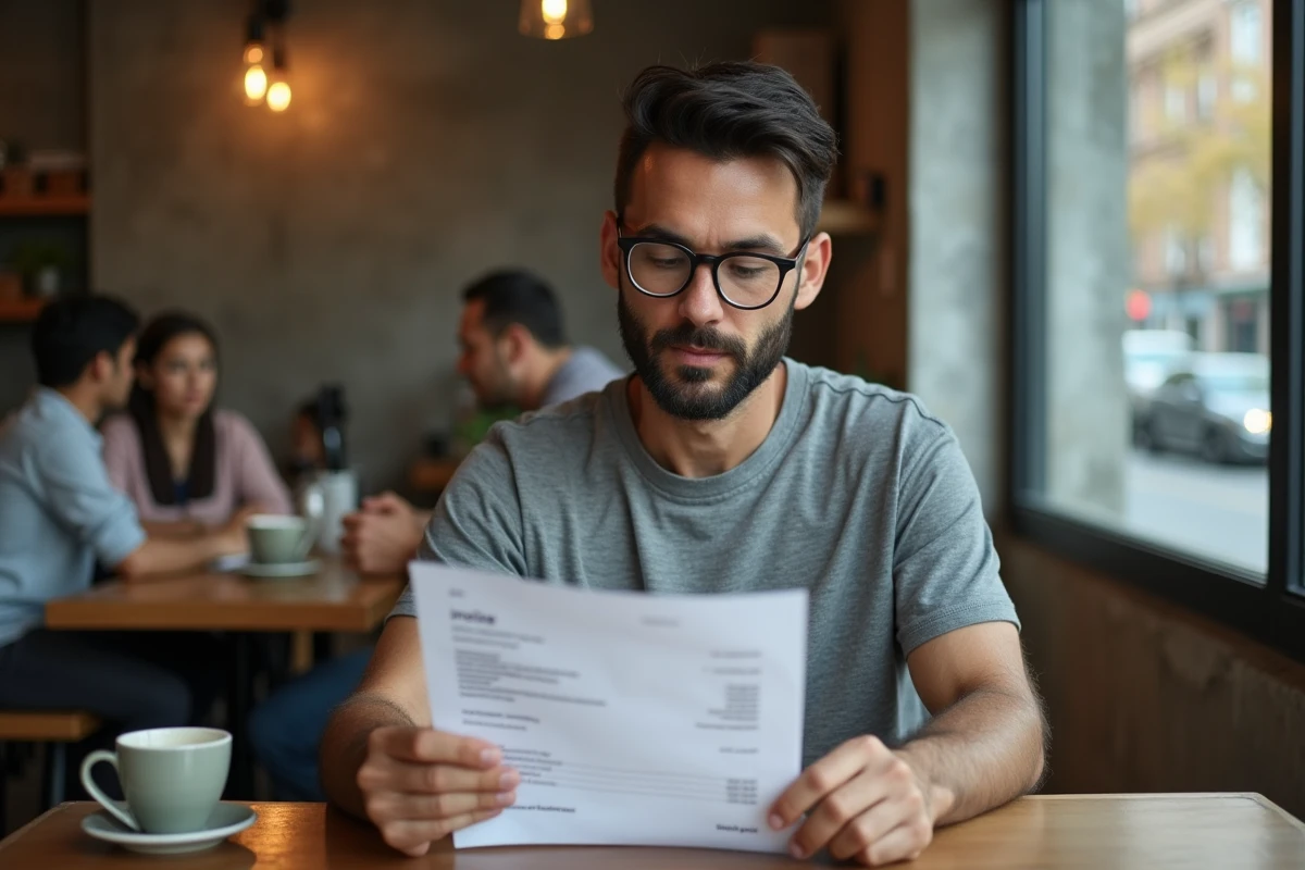 Auto-entrepreneur consultant ses factures papier dans un café urbain, gestion comptable micro-entreprise