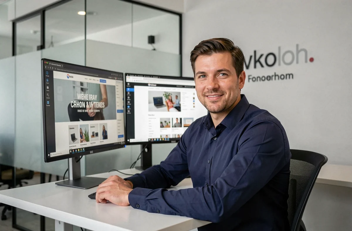 Développeur web de l'agence Axtracom travaillant sur un site e-commerce dans un bureau professionnel épuré