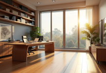 Bureau moderne avec mobilier ergonomique et grandes fenêtres