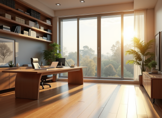 Bureau moderne avec mobilier ergonomique et grandes fenêtres