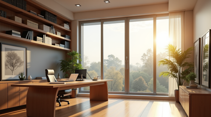 Bureau moderne avec mobilier ergonomique et grandes fenêtres